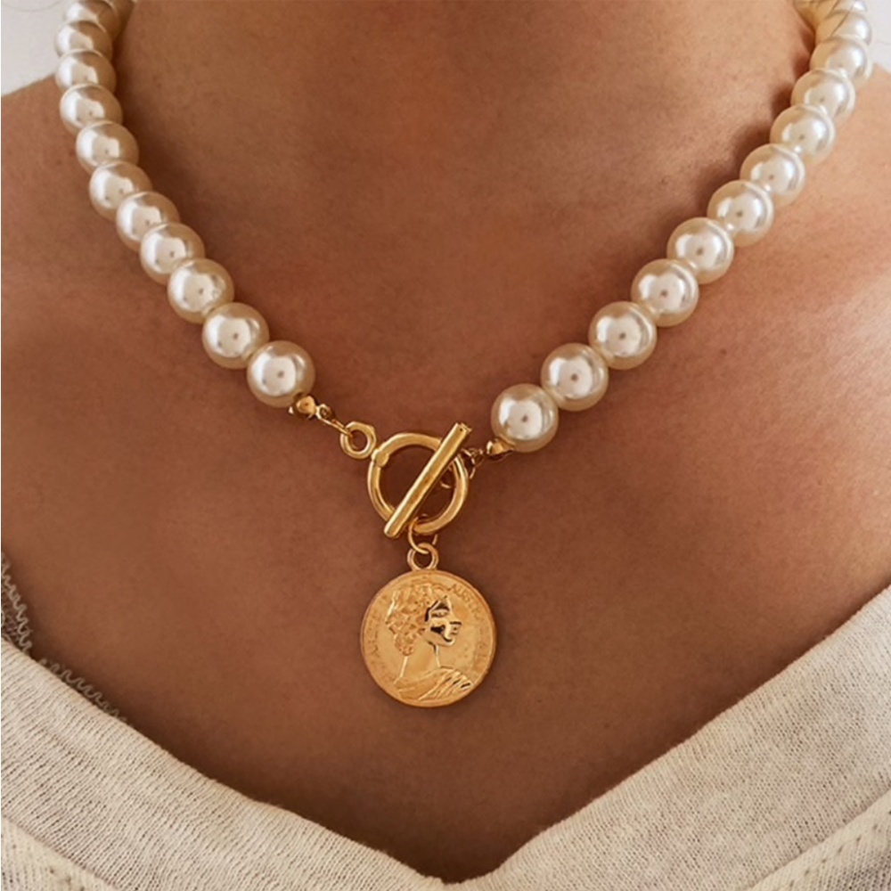 lassic Faux Pearl Necklace with Gold Toggle & Coin Medallion Pendant